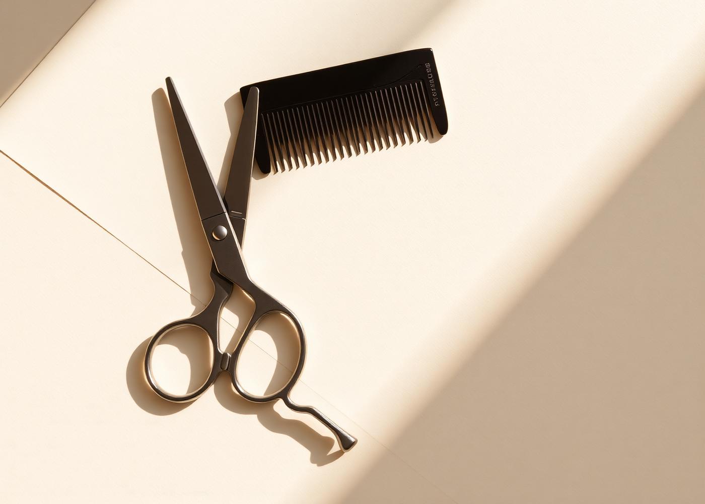 Professional hairdressing scissors and comb on ivory paper